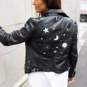 Maurituis Black Leather Jacket Moon and Stars